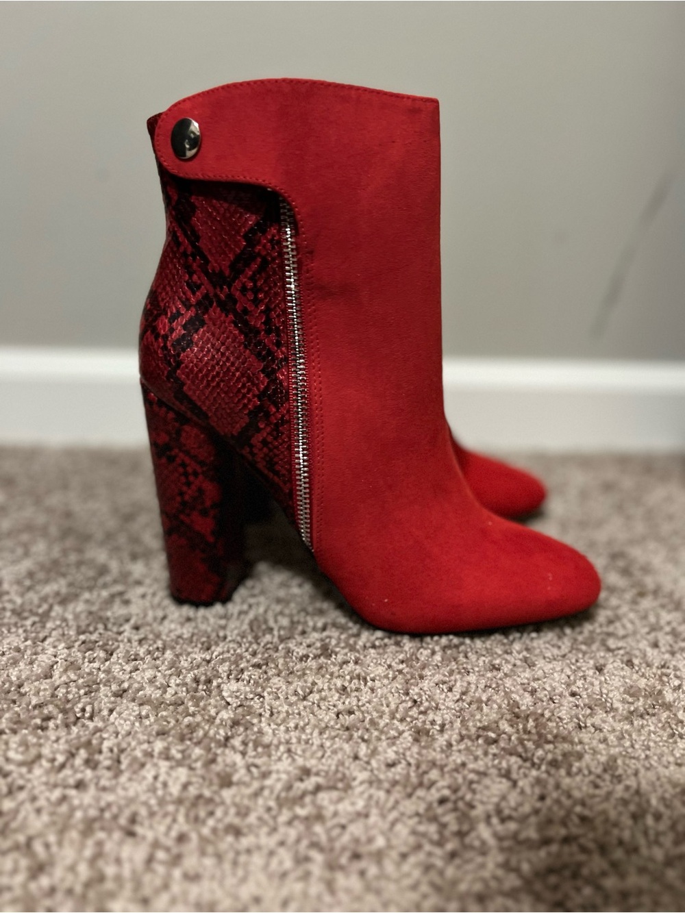 Red Suede Ankle Boots with Snakeskin-Textured Heel